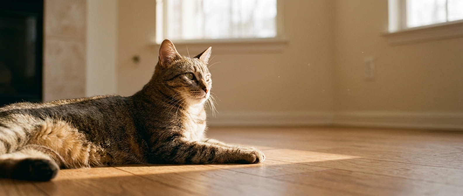 Getigerte Katze liegt entspannt ausgestreckt in einem Sonnenstrahl auf hellem Holzboden