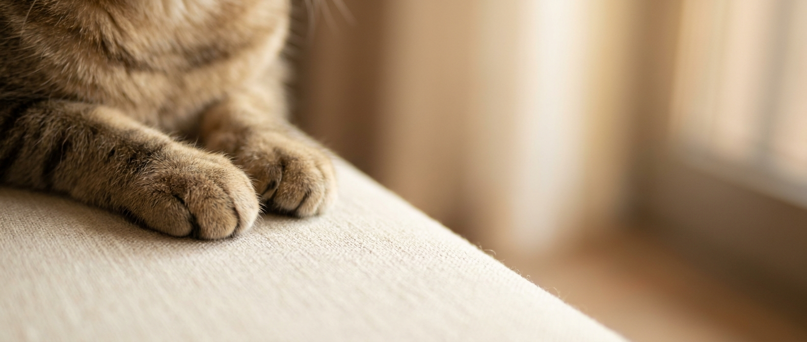 Entspannte Katzenpfoten liegen auf einer hellen Leinendecke, Krallen eingezogen