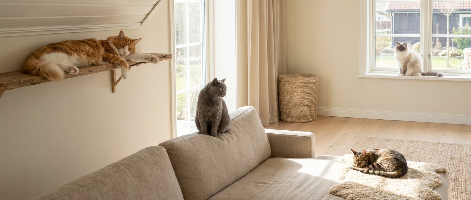 Vier Katzen verschiedener Rassen halten entspannt Abstand voneinander in einem hellen Wohnzimmer, verteilt auf Regal, Sofa, Boden und Fensterbank