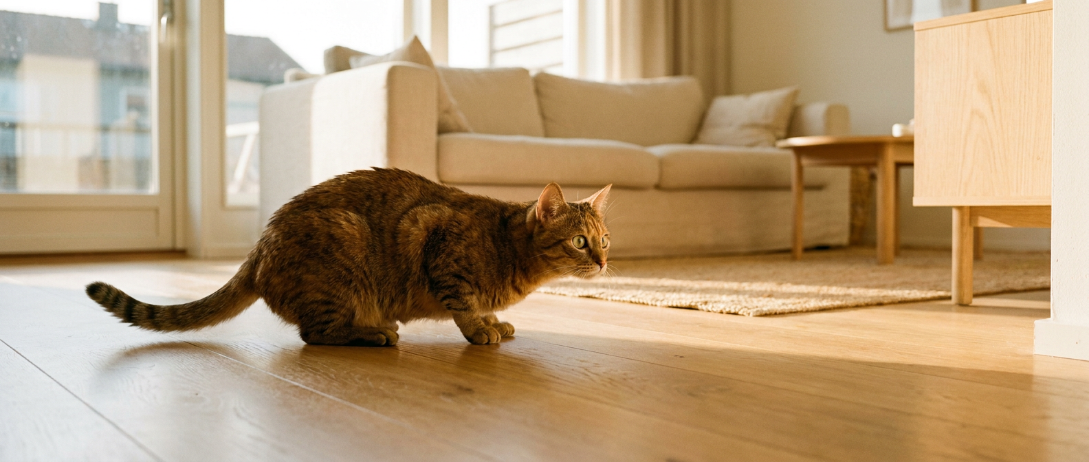Getigerte Katze liegt flach geduckt in Lauerstellung auf dem Holzboden, Ohren nach vorn und Hinterläufe angespannt, kurz vor dem Sprung